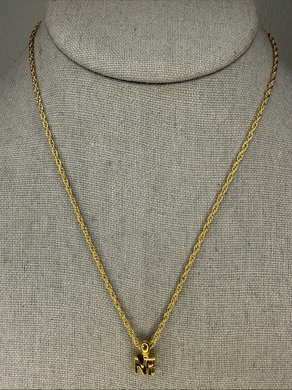 Nina Ricci NR Logo Pendant Necklace Gold Tone 16” Chain Vintage